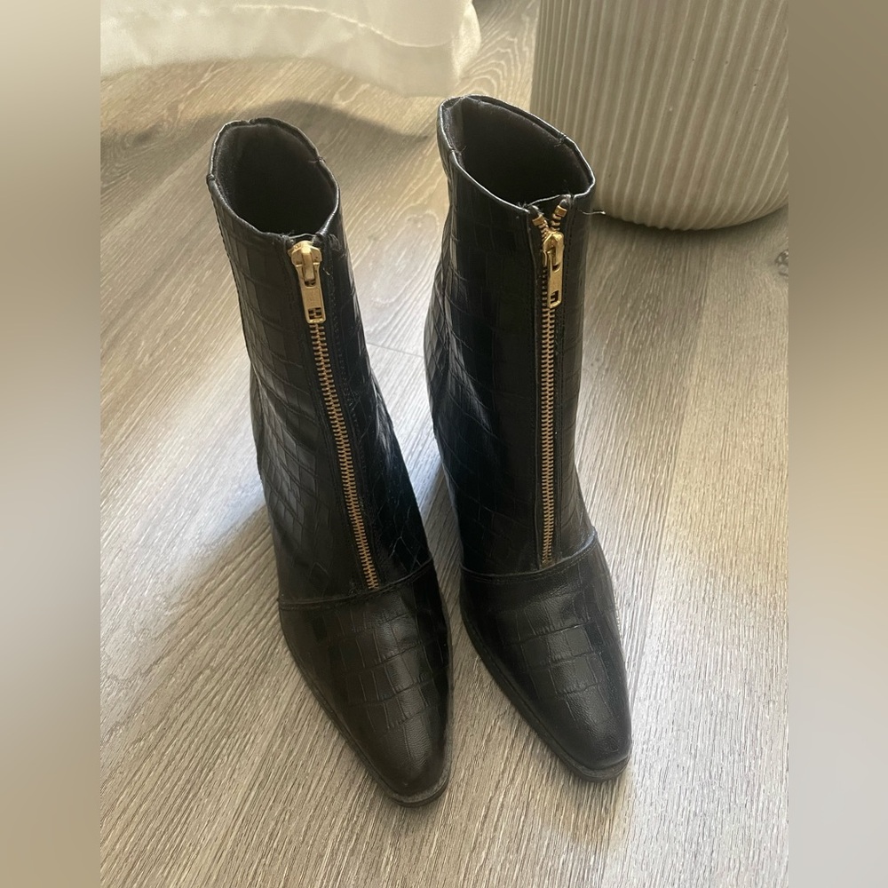 ASOS black croc boots with front gold zipper